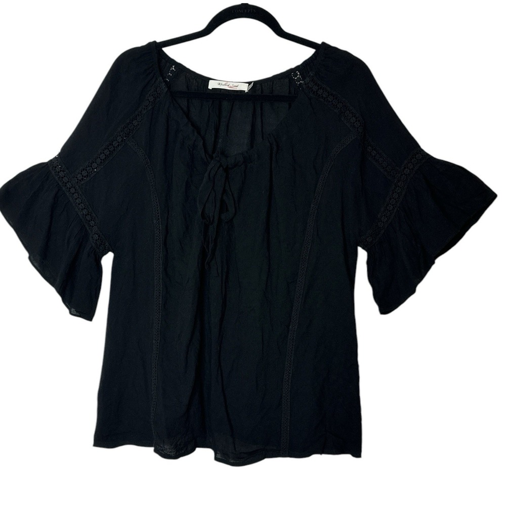 Mustard‎ Seed Blouse Women Small Faux Wrap 3/4 Sleeve Pullover Crochet Relaxed